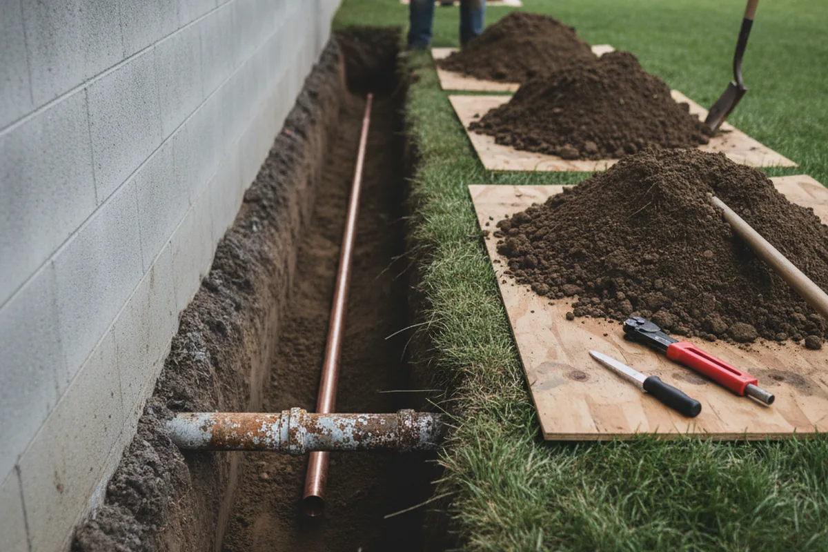 Excavated water line trench during Water Softener Installation in Bellevue